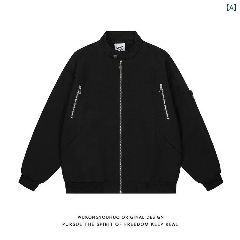 メンズ ジャケット 立襟 工装 飛行員 スタイル 拉链 デザイン 棒球服 外套 黒 卡其 冬 オールシーズン 化繊混紡 ポリエステル100% 長袖 ワイドフィット ストレートヘム 拉链ポケット カジュアル ストリート レイヤリング 軽量 暖か ミリタリー
