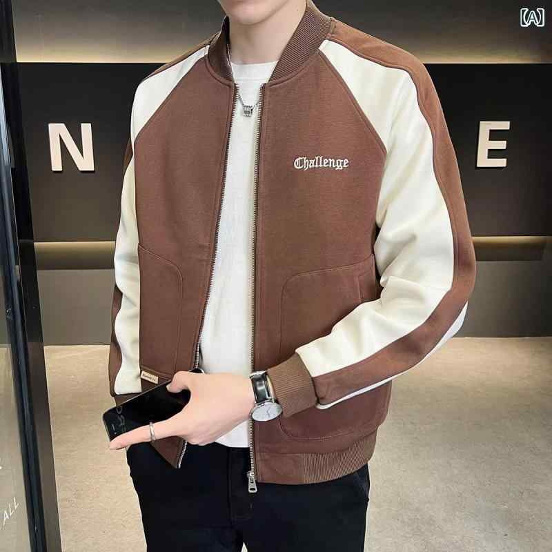 メンズ ジャケット 棒球服 切り替え 復古 フライト コート 秋冬 透気 吸湿排汗 青少年 合体型 無領 長袖 拉链 普通厚 ポリエステル 100% コーヒー 黒 休闲 都市 24-35歳 外穿 ラジウムポケット ファッション 韓国風 合体 スタンダード