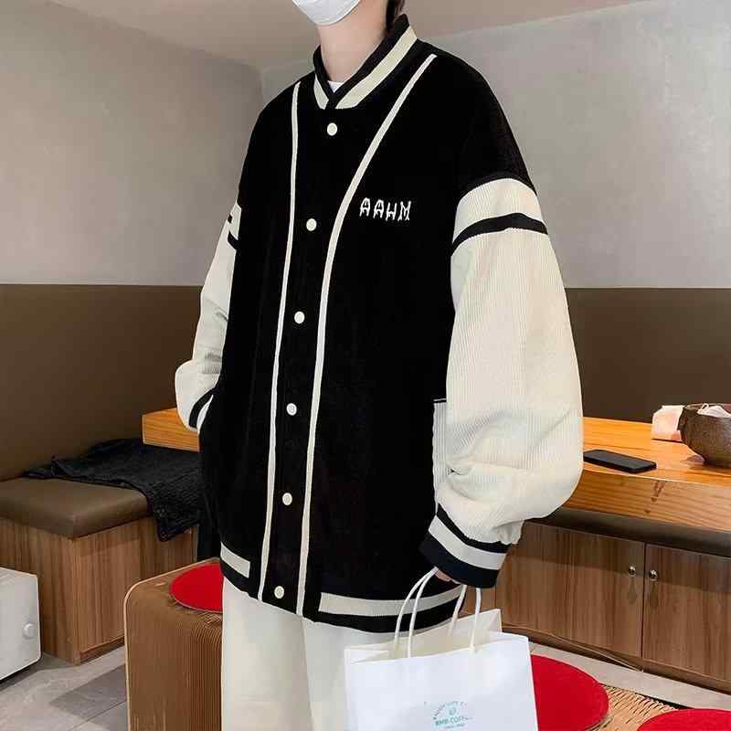 メンズ ジャケット ヴィンテージ風 ビンテージスタイル 男士用 春秋 春夏秋冬 オーバーサイズ 野球風 ストリートスタイル 韓国風 ノーカラー ゆったりシルエット シングルブレスト 長袖 黒 緑 ポリエステル コットン風 ポリエステルライニング 撞色 直
