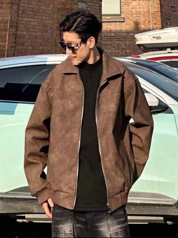 メンズ ジャケット クラシック リベット 翻領 野球服 ブラウン グレー コットン デニム 合体型 長袖 シングルブレスト 直裾 側ポケット 耐摩耗 通気性 防裂 春秋 合体 青春 流行 青少年 成人 男性用 コート アウター トップス 軽量 耐久 色牢
