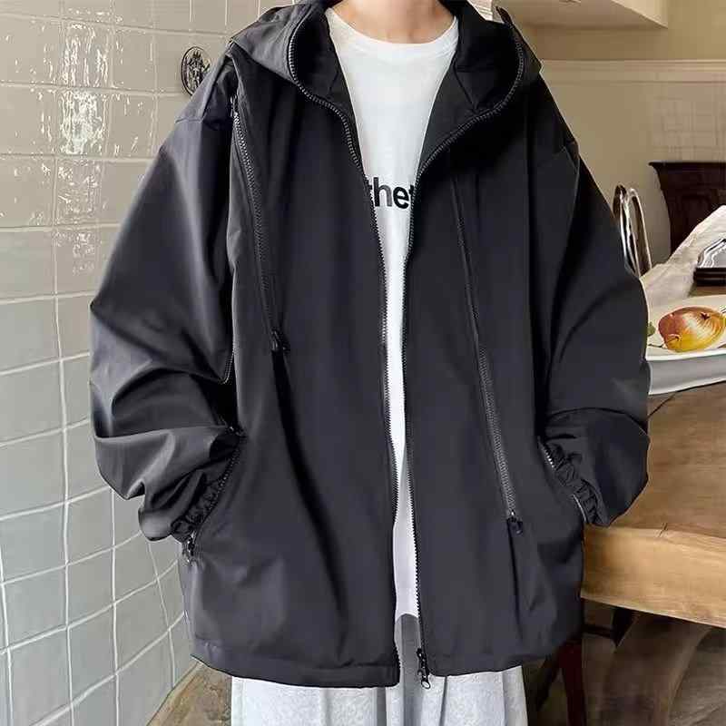 Rakuten - メンズ フライトジャケット 秋冬 春季 防風 連帽 長袖 黒 ポリエステル 涤纶 韓流風 ルーズフィット ジップアップ 純色 ベースボールジャケット ジャケット コート トップス ルーズシルエット ユニセックス カジュアル ストリートファッション 都市ス
