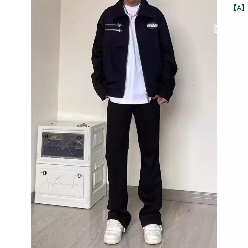 メンズ ジャケット 秋冬 飛行員 コート 棒球服 復古 工装 スタイル 宽松 タイプ 翻領 長袖 拉链 黒 耐磨 化纤混紡 兔毛 ポリエステル ライニング 日常 着用 直下摆 省插袋 免烫加工 青春 流行 18-24歳 青年 向け 外穿 純色 普通 厚さ