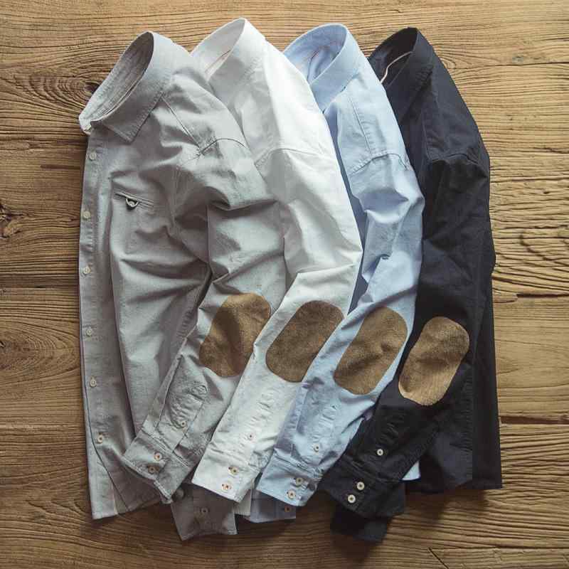Short Sleeves （Shape Holding） - メンズ シャツ トップス 修身 長袖 翻領 肘パッチ 牛津紡 全棉 純棉 秋 工装 カーキ 白色 ライトブルー グレー ネイビー 色織布 休闲 青年 色無地 普通厚 長袖 修身型 中国風