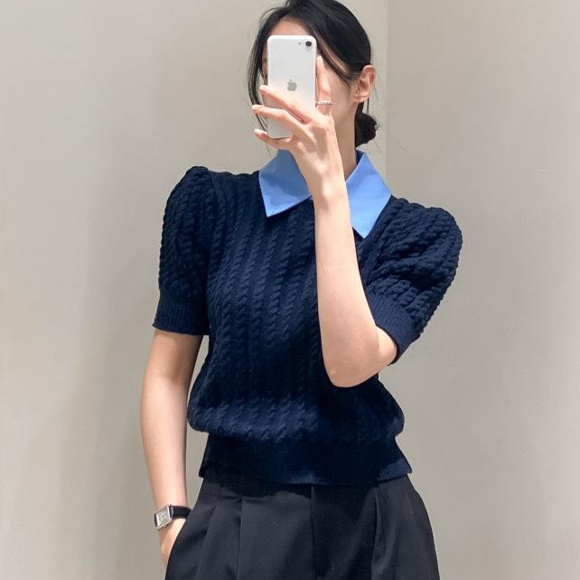 Other - ニット トップス レディース 韓国風 かわいい フェイクツーピース デザイン 泡泡袖 ポロ ネック 三分袖 短丈 宝藍 米白 灰 ポリエステル 素材 純色 快適 デイリー スタイル 春早め