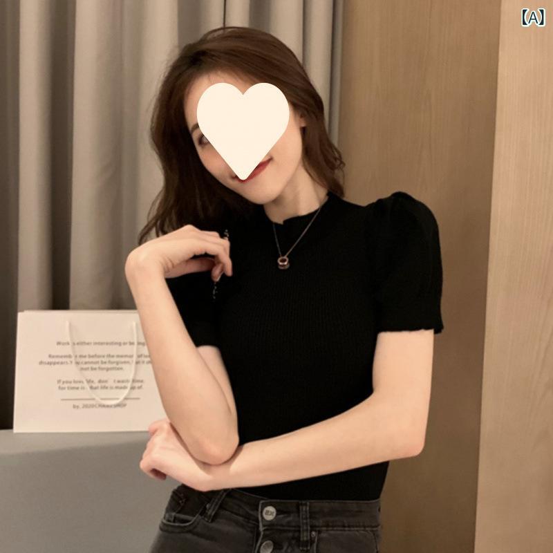 Other - ニット トップス 女性用 泡泡袖 短袖 ハングネック 超長袖 デザイン 夏 黒 赤 黄 都市 通勤 気質 快適 休闲 ポリエステル 繊維 50-70% 黒 赤 黄色 都市風