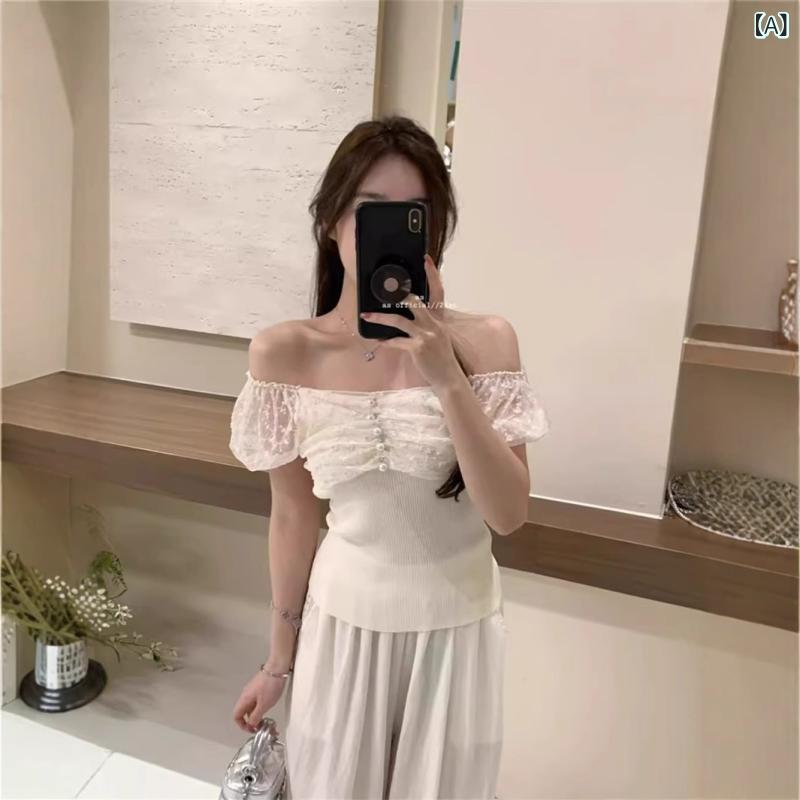 乐天商城 - Tシャツ レディース 短袖 泡泡袖 レース ニット トップス ワンピース 風 ワンショルダー 短丈 かわいい セクシー ピンク 黒 白 杏色 ポリエステル 接触冷感 軽量 ゆったり 通勤 夏 春夏 吸湿速乾 ボタン 気質