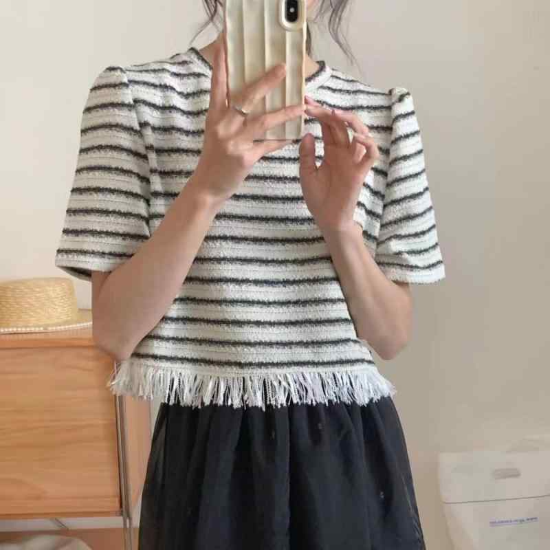 樂天商城 - トップス 女性用 条紋 流蘇 プチココ風 短袖 シャツ 泡泡袖 丸首 三分袖 セットアップ タイ トップス ブラウス ブラック ホワイト ポリエステル 繊維 軽量 涼しい 夏 春夏 シンプル スタイリッシュ 日常使い デイリー ウェア