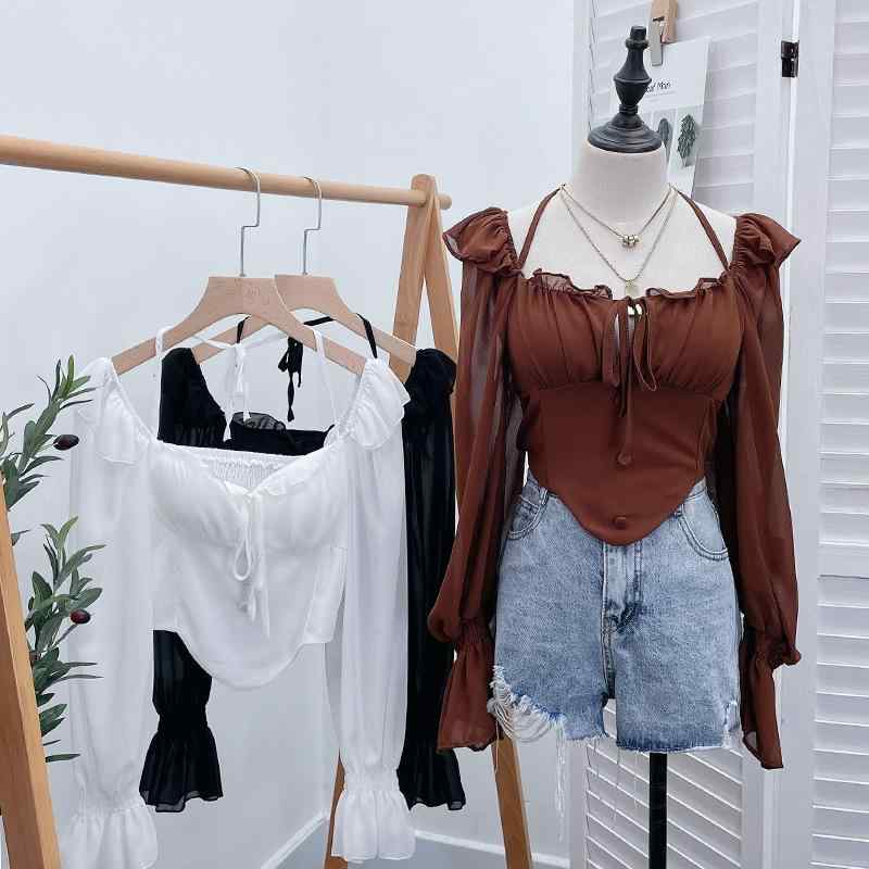 乐天商城 - レディース トップス 長袖 シフォン ブラウス 肩紐 ハングネック ワンショルダー 露背 木耳縁 短丈 胸パッド ボタン プレーツ加工 喇叭袖 スクエアネック 不規則シルエット 夏 かわいい セクシー 私服 白色 黒 茶 雪纺素材 軽量 通気性 女性用