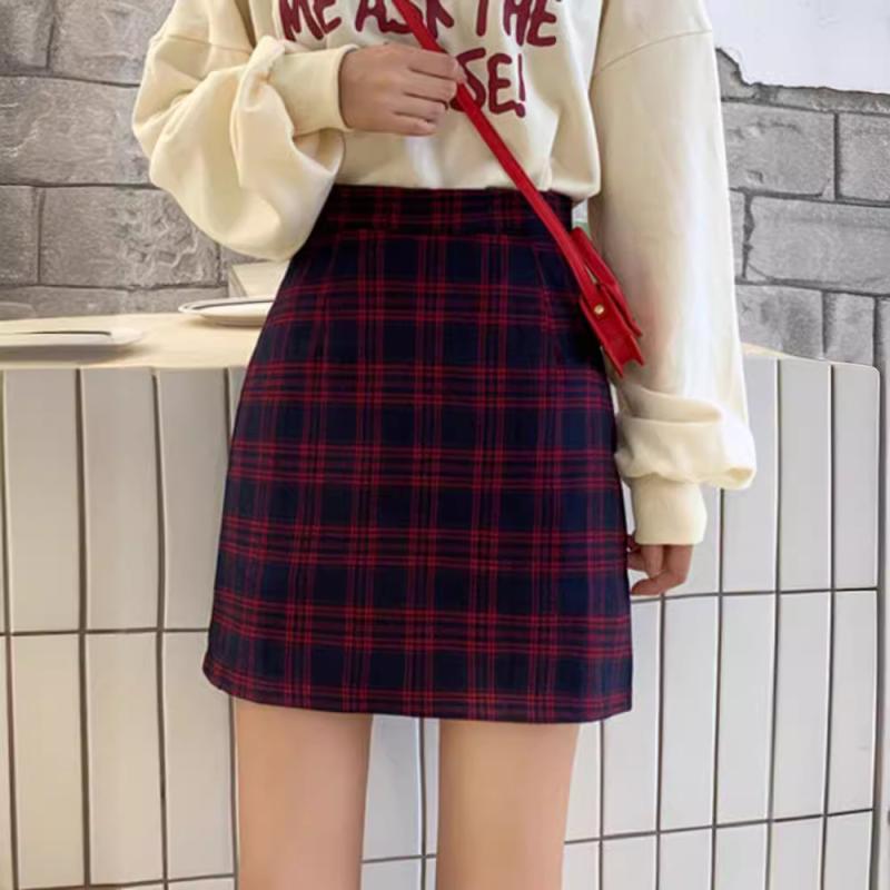 半身スカート レディース 秋冬 格子柄 ハイウエスト Aライン 短丈 包み込み 切り替え ズボン 学院風 清楚 かわいい 街頭 個性 インナー付き ポリエステル 微弾性 隠青 黒