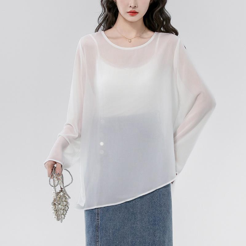 Other - 防晒衣 レディース 長袖 罩衫 薄手 春夏 蝶結び 丸首 接触冷感 ポリエステル 幾何柄 切り替え 落肩袖 ワイドシルエット 気質 通勤 優雅 白色 黒 通勤用 普段使い 軽量 微弾力 セットアップなし