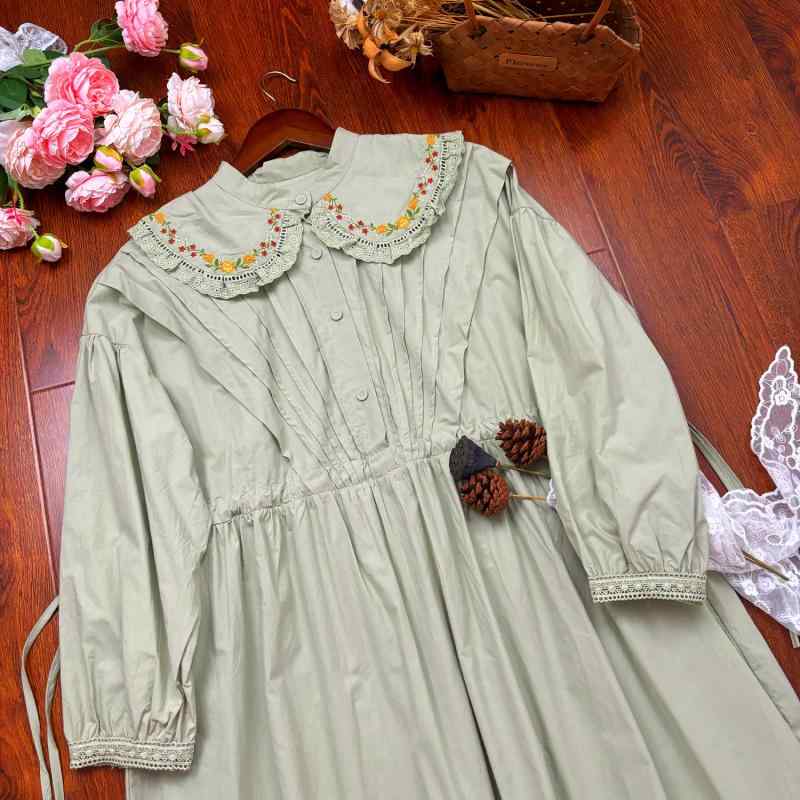Rakuten - ワンピース 女性用 日系 かわいい 春夏 刺繍 ロングスリーブ ドールカラー ゆったり 中長丈 超短丈 緑 網纱 刺繍加工 清新 甘め スタイル 軽やか フェミニン 日常使い