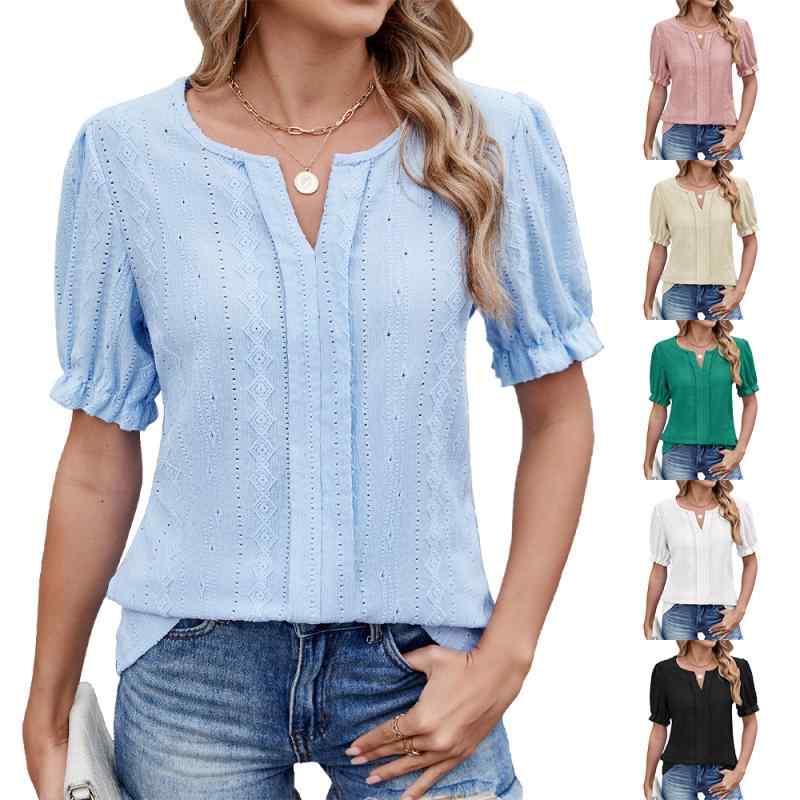 レディース Tシャツ Vネック 泡泡袖 短袖 トップス ワイドシルエット ジャカード柄...