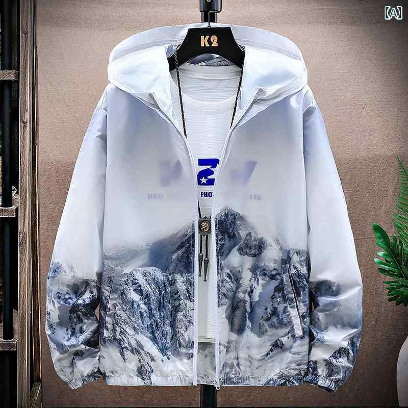 Jumper, Blouson - メンズ フード付き 夏用 防晒 ジャケット 薄手 軽量 接触冷感 ポリエステル 合体型 ジップアップ 明ポケット 抽象プリント 青少年 通勤 休闲 ブルー グリーン グレー