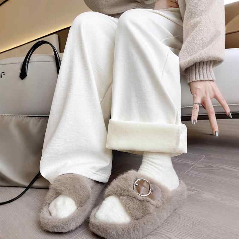 レディース ワイドパンツ 秋冬 裏起毛 高腰 ロング丈 ゆったりシルエット クリーム ポケット付き 微弾性 気質 通勤 スタイル 女性用 日常使い ポリエステル ナイロン混 紡績繊維 中厚手 ゆったり 落ち感 ミルク ベージュ ピンク グレー ブルー ブ