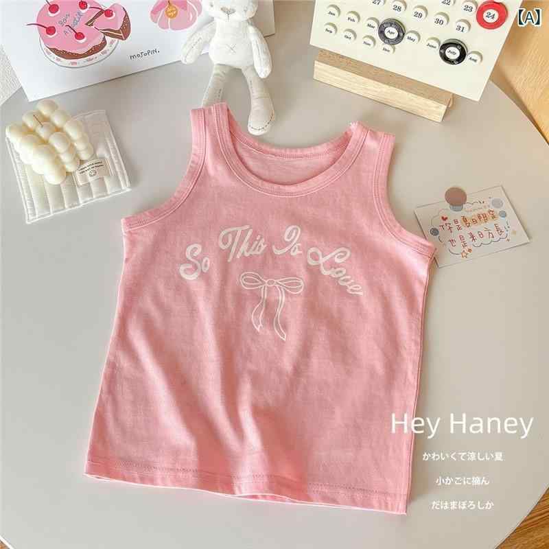 キッズ 背心 女の子 男の子 無袖 Tシャツ トップス 吊り帯 キャミソール 丸首 綿100% 柔らかい かわいい 蝶結び プリント アルファベット柄 粉 白色 青 夏 春夏 通気性 吸汗速乾 インナー 普段使い 遊び着 3-8歳 80-140cm