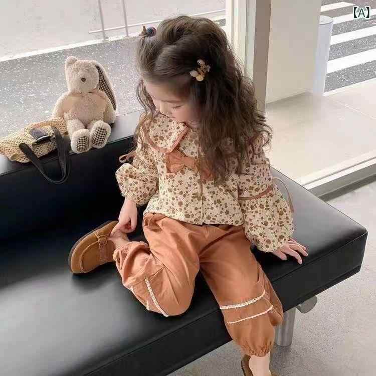女の子 トップス セット 秋冬 花柄 長袖 長ズボン 薄手 ポリエステル 100% かわいい 蝶ネクタイ アクセント コーヒー ピンク 女の子 3〜8歳 100〜140cm 身長対応 日常着 動きやすい セットアップ コスチューム 女の子服 フラワー柄 remake-buddy-10475446 リメイクバディー サンプル画像2
