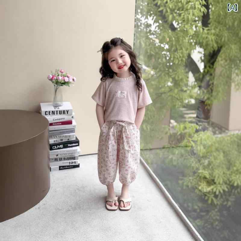 Rakuten - 女の子 Tシャツ 灯笼パンツ セット かわいい 田園 甘め フラワー柄 ピンク 綿混紡 柔らかい 生地 短袖 長ズボン 夏服 3-8歳 中小童 90-140cm 対応 ユニセックス 女の子 向け カード 柄 アルファベット 柄 蝶結び アクセント 運動
