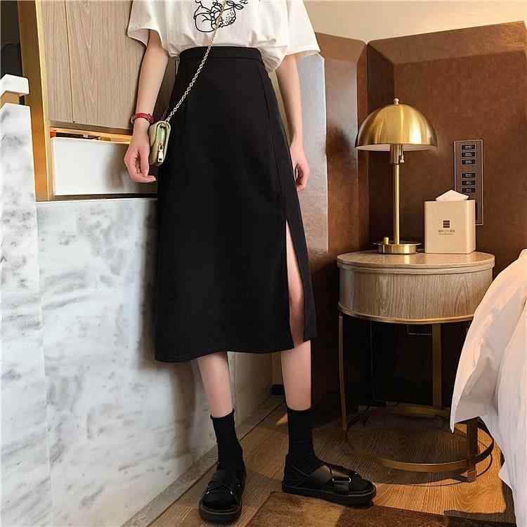 樂天商城 - 半身スカート 女性用 Aライン 高腰 ロング ミディ 膝下 スリット 切り替え 秋季 黒 杏 オールシーズン ポリエステル 微弾性 清新 甘め 学院風 軽量 伸縮性 通勤 普段使い デート