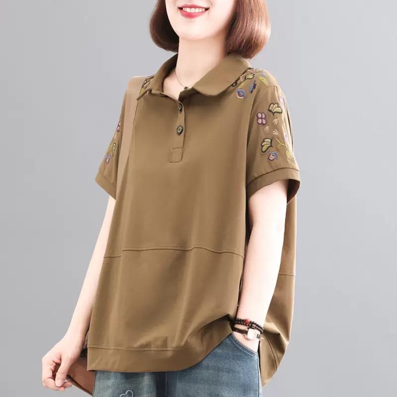 乐天商城 - Tシャツ レディース 短袖 ポロ コットン 100% 綿素材 刺繍 切り替え 夏 春夏 かき 黒 復古 風 大きいサイズ ゆったり 体型カバー 気質 通勤 都市 スタイル かわいい 普段使い 軽量 吸収 通気性