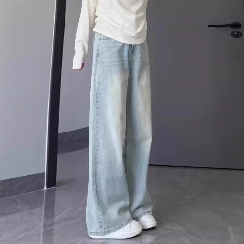 Rakuten - レディース ワイドパンツ 浅ブルー デニム 高腰 直筒 ロング丈 ゆったり 落ち感 切り替え 私服 御姐風 2024 春 雪ニール PVC 無弾性 日常使い ハイウエスト ビッグシルエット 軽量 ストレッチなし 夏向け