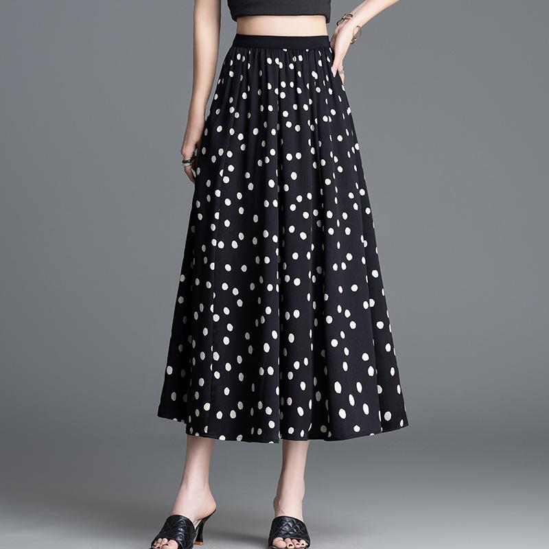 乐天商城 - スカート 女性用 Aライン 中長丈 ドロップ ポルカドット プリーツ 切り替え ポリエステル 微弾性 気質 通勤 風 ブラック 白 夏 大きめフレア ゆったり 遮り 日常 使い 軽量 涼しい シルエット