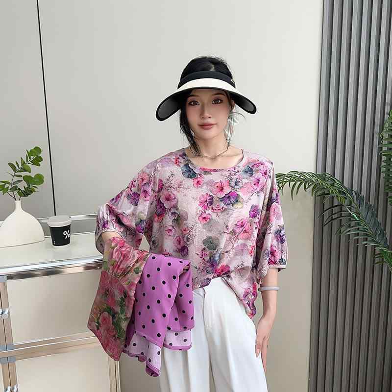 Other - Tシャツ レディース 夏 薄手 大きいサイズ 韓国風 半袖 花柄 綿シルク ゆったり 着痩せ トップス 植物 花卉 彩画 気質 通勤 甘美 清新 富貴花開 玫紅 黒点 ラッパ花 普通丈 丸首 袖丈五分