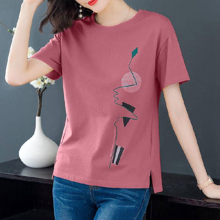 Tシャツ レディース 短袖 夏 春夏 黒 赤 白 丸首 印花 ワイドシルエット 大きいサイズ ゆったり トップス 通勤 普段使い 都市 気質 快適 休闲 綿素材 95%以上 袖丈 短め 花柄 プリント ルーズフィット 韓国風