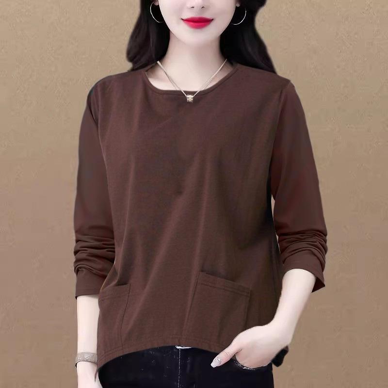 乐天商城 - レディース Tシャツ 長袖 秋 春季 大きいサイズ ゆったり 韓国風 バットスリーブ ポケット付き トップス インナー 黒 ブラウン ポリエステル 単色 セットアップなし ルーズフィット シンプル 日常使い カジュアル 丸首 ミディアム丈 95% 以上