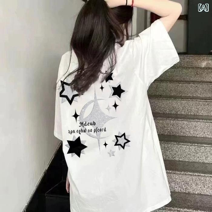 樂天商城 - Tシャツ レディース 短袖 トップス ゆったり 大きいサイズ 星柄 プリント 涼しい 白 綿ポリエステル 丸首 韓国風 ルーズフィット 韓国スタイル カジュアル デイリー 軽量 快適 日常使い インナー レイヤード ゆったりシルエット 中長丈 シンプル