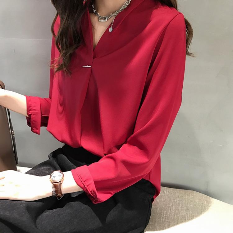 乐天商城 - シャツ レディース Vネック 長袖 雪纺 トップス ポリエステル 純色 基本款 ゆったり 普通丈 翻领 ボタン 通勤 気質 快適 休闲 白色 赤 緑 春季