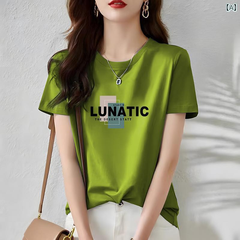 乐天商城 - Tシャツ レディース 短袖 夏 春夏 インナー トップス かわいい ワイド ルーズ 韓国風 大きいサイズ 接触冷感 再生繊維 ポリエステル スパンデックス 印花 プリント 文字柄 数字柄 丸首 普通丈 50-65cm 軍緑 白 深灰 ピンク ベージュ ワ