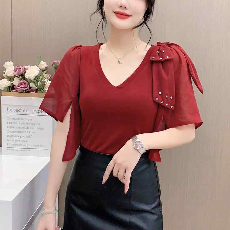 樂天商城 - Tシャツ 女性用 夏 雪纺 シャツ 切り替え Vネック ラッパー袖 中袖 ゆったり トップス 不対称 デザイン スタイリッシュ 気質 通勤 都市 スタイル 純色 白色 黒 ワインレッド セットアップなし オールシーズンなし