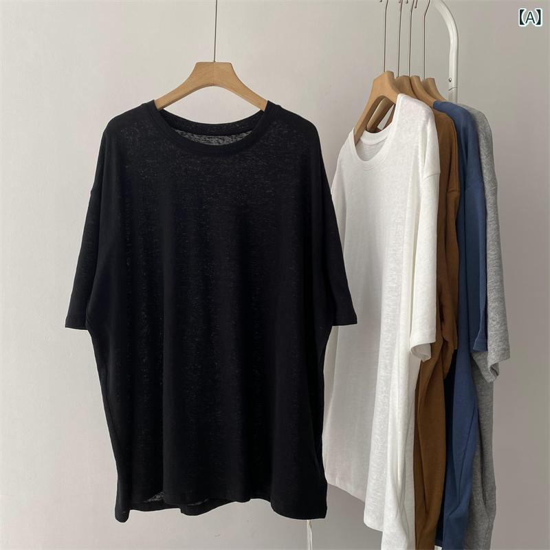 樂天商城 - Tシャツ 女性用 半袖 薄手 綿素材 韓国風 ゆったり ラウンジスタイル 夏 トップス 黒 灰 南瓜 白 深藍 丸首 セットアップなし 免燙加工 短袖 ゆったりシルエット 中長丈 65cm以上80cm以下 純色 快適 日常使い カジュアル