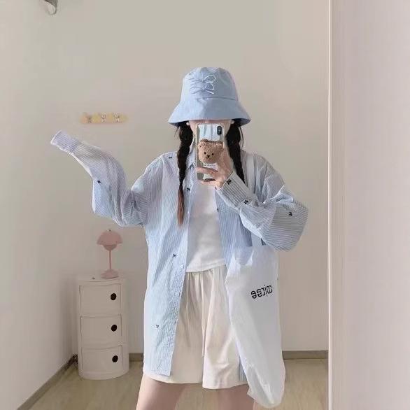 レディース シャツ トップス 長袖 ポロシャツ セットインスリーブ ワイドシルエット ラフスタイル ゆったり ミドル丈 65cm以上80cm以下 ブルー ストライプ 柄 蝶ネクタイ プリント 雪ニール 生地 格子 柄 セットアップ 切り替え セーター 風