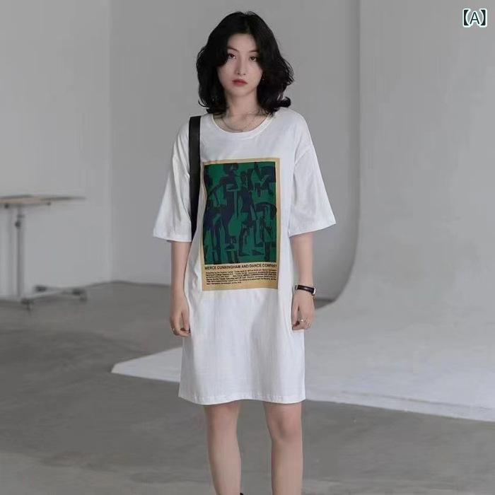 Other - Tシャツ レディース 短袖 ゆったり 大きいサイズ 中長丈 丸首 韓国風 デザイン 個性派 印花 文字柄 数字柄 ポリエステル 涼しい 夏用 白 黒 日常使い かわいい 清新 甘め カジュアル