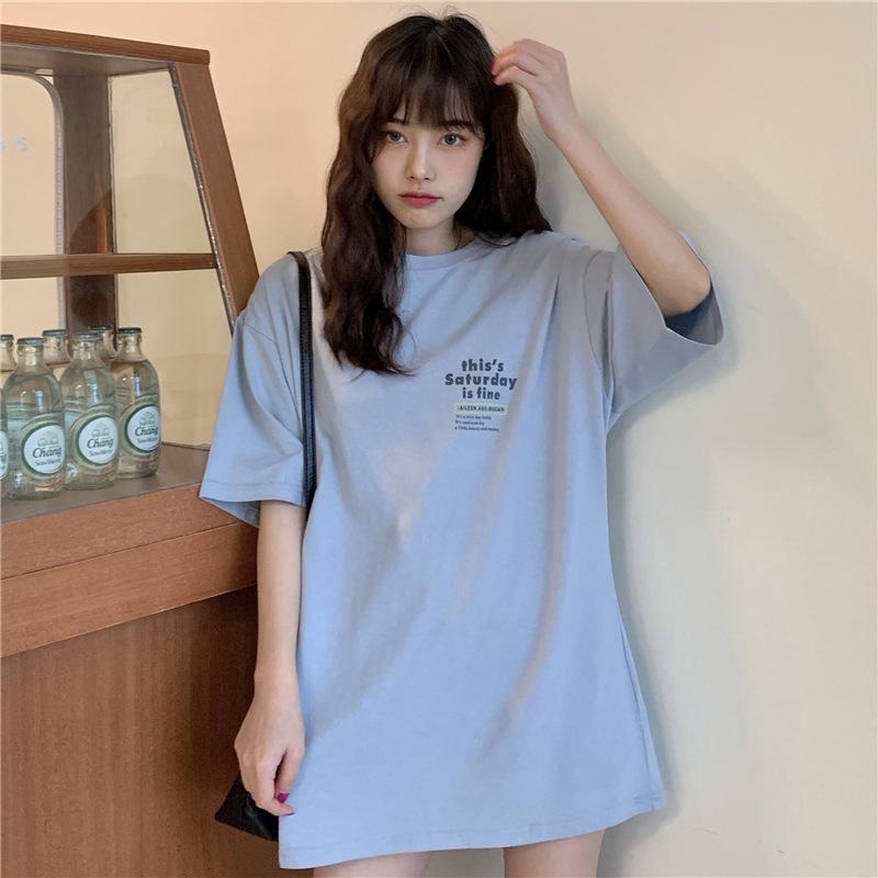 乐天商城 - Tシャツ レディース 短袖 中長丈 アルファベットプリント 綿混 ポリエステル混 ワイド ルーズフィット 韓国風 学院風 セットインスリーブ ラウンドネック 清新 甘め 18-24歳向け 春夏 夏 白色 ライトブルー ピンク サイズ M L XL ファッ