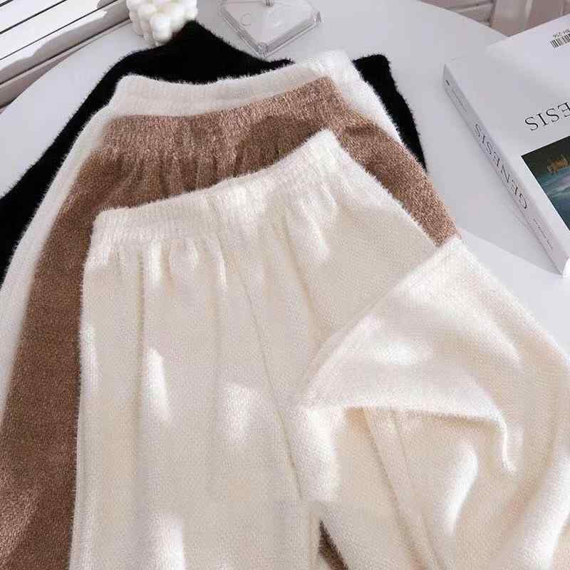 レディース ニット ワイドパンツ 秋冬 直筒 高腰 ミントン ロングパンツ 厚手 暖か 気質 通勤 都市 スタイル ミルクホワイト ブラック ..