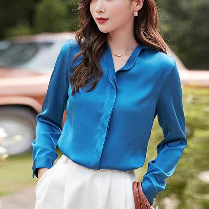 樂天商城 - レディース シャツ Vネック 長袖 シフォン トップス 綿混 ポリエステル 無地 ストレート 普通丈 ボタン 秋季 通勤風 韓国風 気質 黒 白 緑 紺 単排扣 セットアップなし