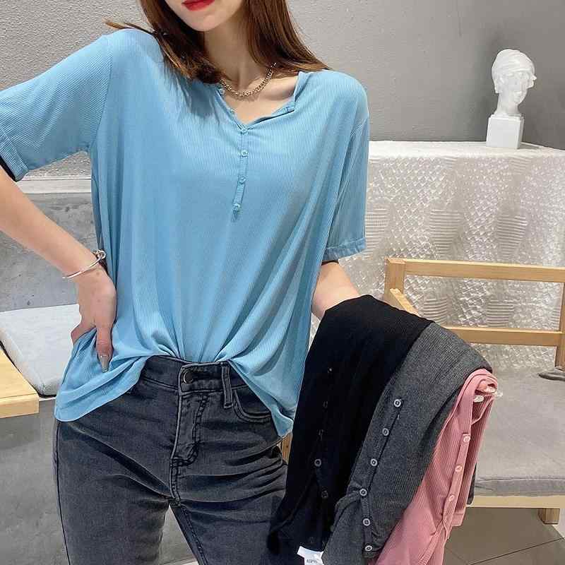 乐天商城 - Tシャツ レディース 春夏 モダール 短袖 螺紋 ビッグサイズ ゆったり 韓国風 薄手 トップス ボタン 黒 ピンク グレー ブルー シンプル ソリッドカラー 都市 休闲