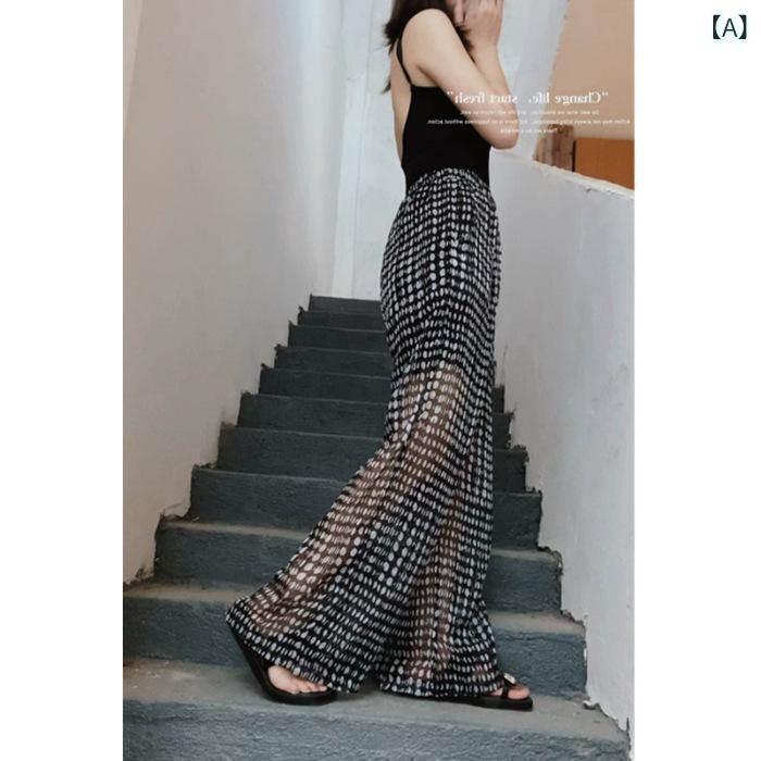 樂天商城 - レディース スカートパンツ 黒 白 ドット柄 高腰 透け感 薄手 夏 ワイドレッグ 仙女風 垂れ感 ポケット ポリエステル スパンデックス 微弾性 快適 休闲 長丈 御姐風 シンプル