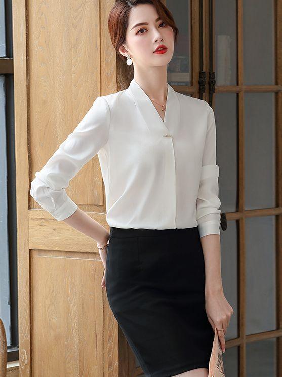 Shirts, T-Shirts - レディース シャツ トップス Vネック 長袖 短袖 白色 ブルー 杏色 雪紡 ポリエステル スパンデックス 無地 セットアップ 修身 気質 通勤 OL スタイル 単排ボタン 普通丈 気質 優雅