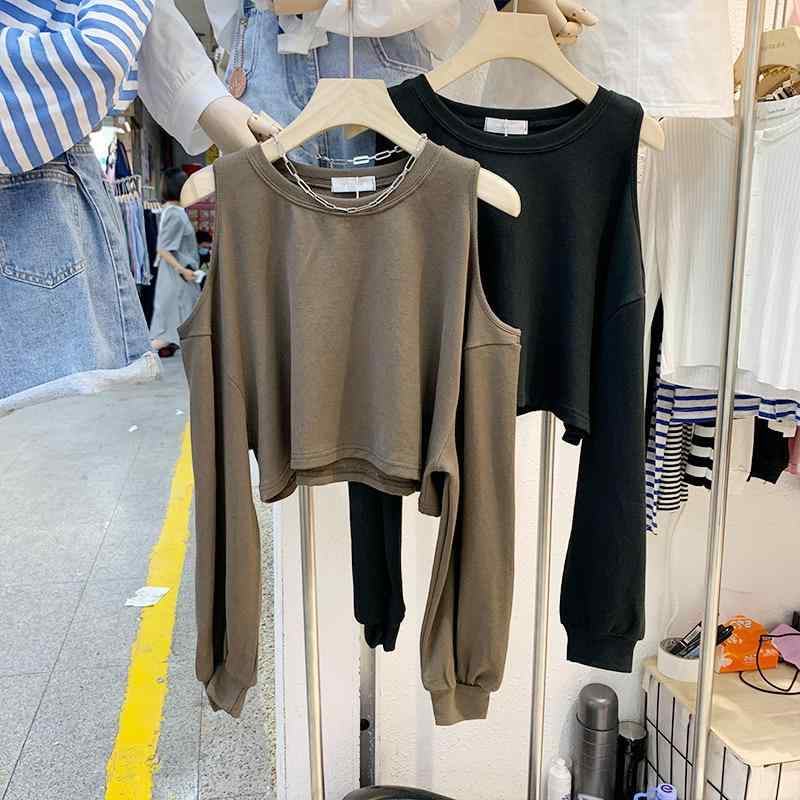 乐天商城 - レディース 長袖 Tシャツ 衛衣 トップス 丸首 ルーズフィット 肩出し デザイン 短め丈 韓国風 空き柄 化繊混紡 白色 黒 グレー 日常 デイリー カジュアル 快適 ゆったり 百搭 春 潮