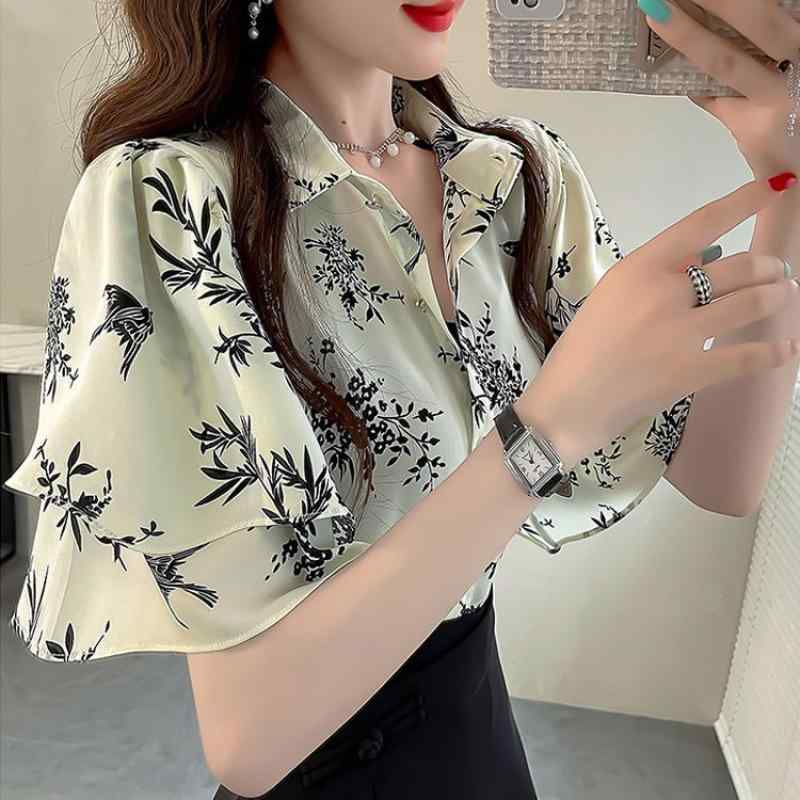 シャツ レディース トップス 半袖 ブラウス フリル レトロ 花柄 シフォン 高級感 通勤用 普段使い 春夏