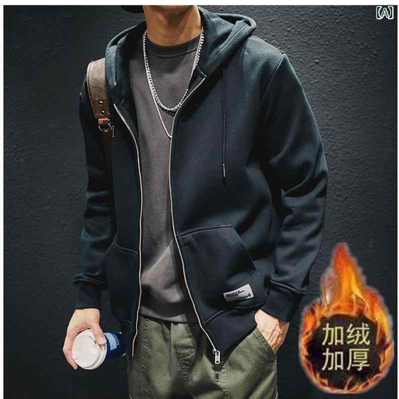 乐天商城 - フーディ メンズ 秋冬 連帽 ジップアップ 長袖 裏起毛 厚手 ビッグサイズ ゆったり シルエット 聚酯繊維 素材 ブラック 宝藍 色 サイドポケット 多ポケット 丸首 ゆったり フィット 青少年 向け 日常 着用 青春 流行 スタイル 免烫 加工 長袖