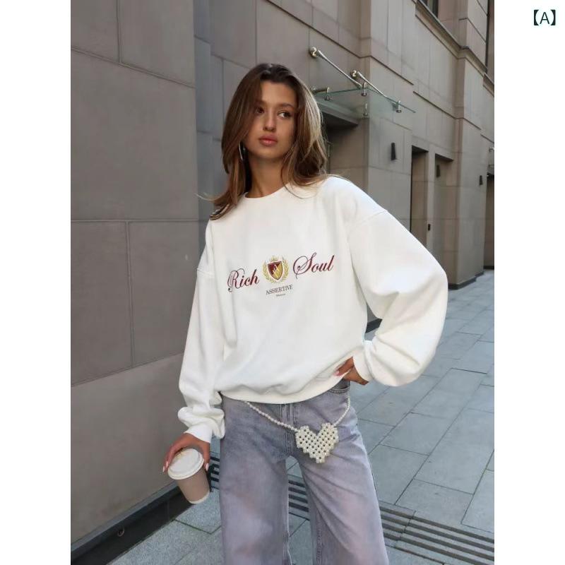 Other - レディース スウェット トップス 秋冬 厚手 裏起毛 長袖 丸首 ゆったり シルエット 中長丈 プリント デザイン コットンライク ポリエステル 素材 街着 カジュアル スタイル 白色 酒紅 黒 ピンク 赤 ベージュ ライトグレー ライトブルー 色展開