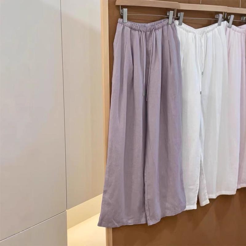 樂天商城 - レディース 紫 ワイドパンツ 直筒 ハイウエスト 切り替え 薄手 微弾性 涤纶混紡 綿混紡 麻風 素材 夏用 慵懒スタイル 日韓カジュアル 快適 ゆったり シルエット 長丈 紫色 紫系 ロングパンツ ルーズフィット ポリエステル 繊維 軽やか 日常使い
