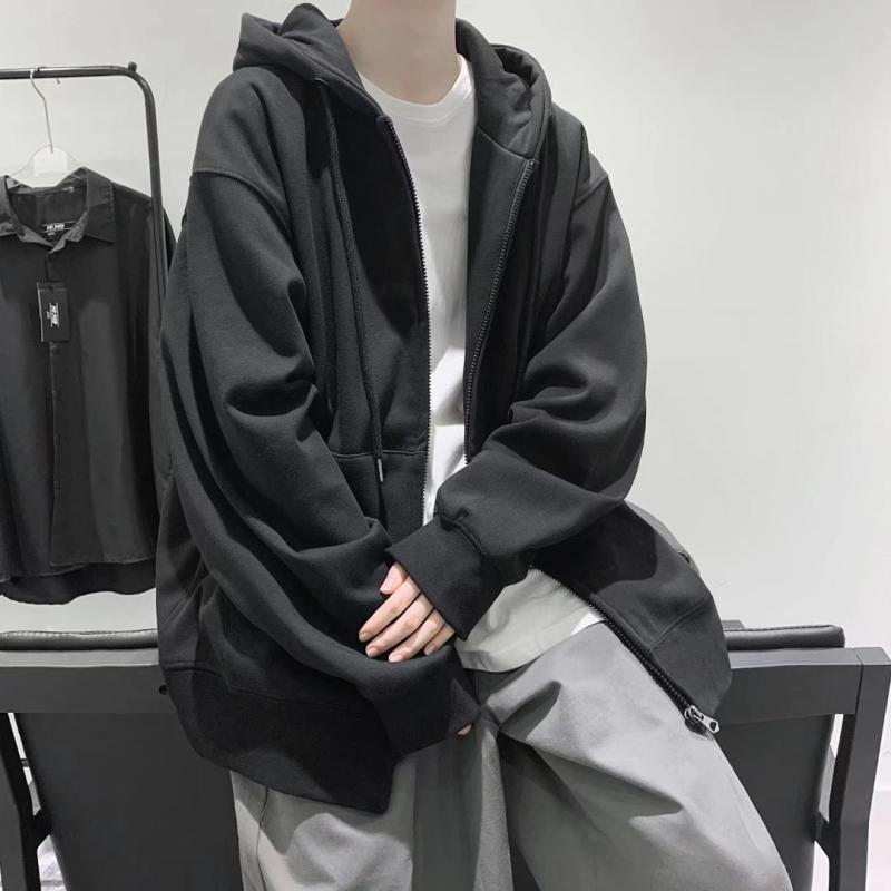 Other - メンズ スウェット 開襟 フード付き 長袖 トップス 秋冬 裏起毛 厚手 ポリエステル 紡績 コットン風 無地 ジップアップ ゆったり シルエット 立体ポケット 免燻 グレー 黒 コットン 混紡 風 韓国風 カジュアル ストリート 普段使い 外出 ゆった