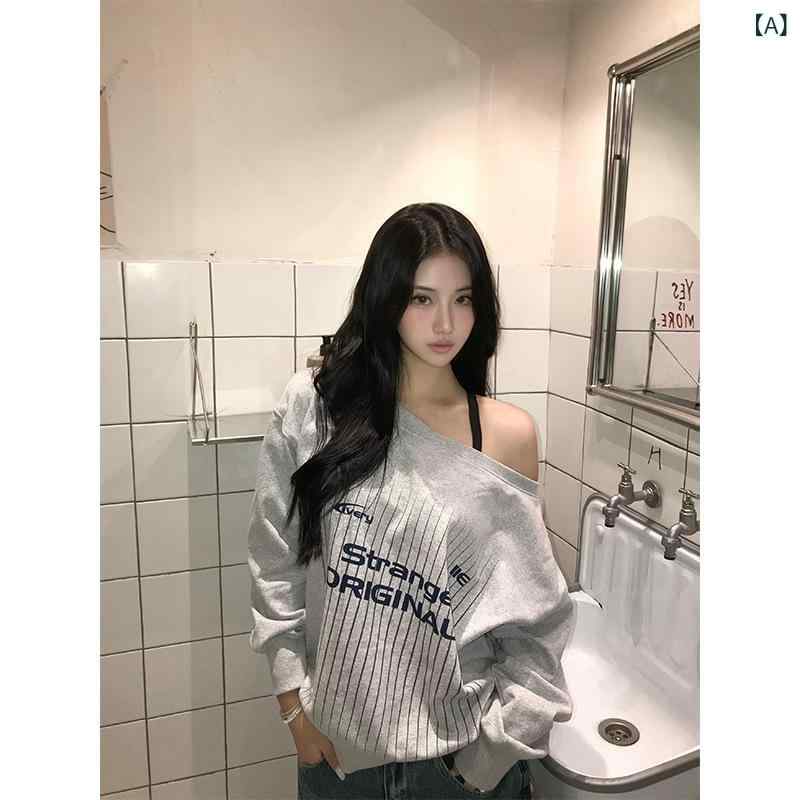 女性用 トップス 灰色 セーター 秋冬 長袖 ゆったりシルエット 丸首 ワンポイント プリント ロゴ デザイン 厚手 ストライプ パターン ..