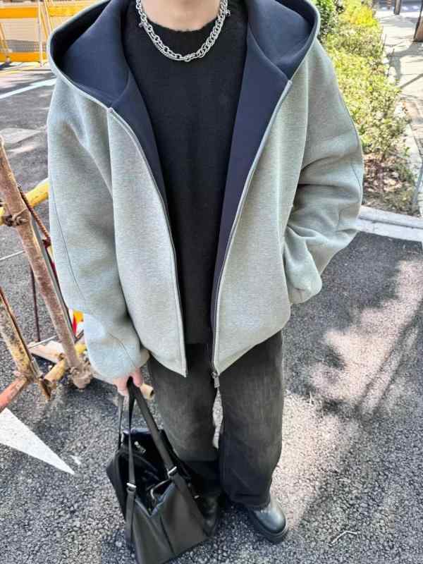 メンズ 開襟 フーディ コットン 混紡 長袖 連帽 スウェットシャツ 春秋 グレー 黒 切り替え ステッチ ワイド シルエット Vネック サイドポケット ゆったり スタイル 日常 着用 硬め 生地 重厚感 港風 カジュアル 青少年 向け ミックスカラー