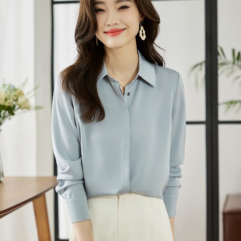 Other - シャツ レディース 長袖 シフォン シンプル 春季 サテン フラップカラー 仕事着 通勤 トップス 隠しボタン 気質 上衣 ポリエステル 無地 基本款 切り替え ポロカラー ルーズフィット 普通丈 韓国風 デイリー 快適 白色 ブルー 黒